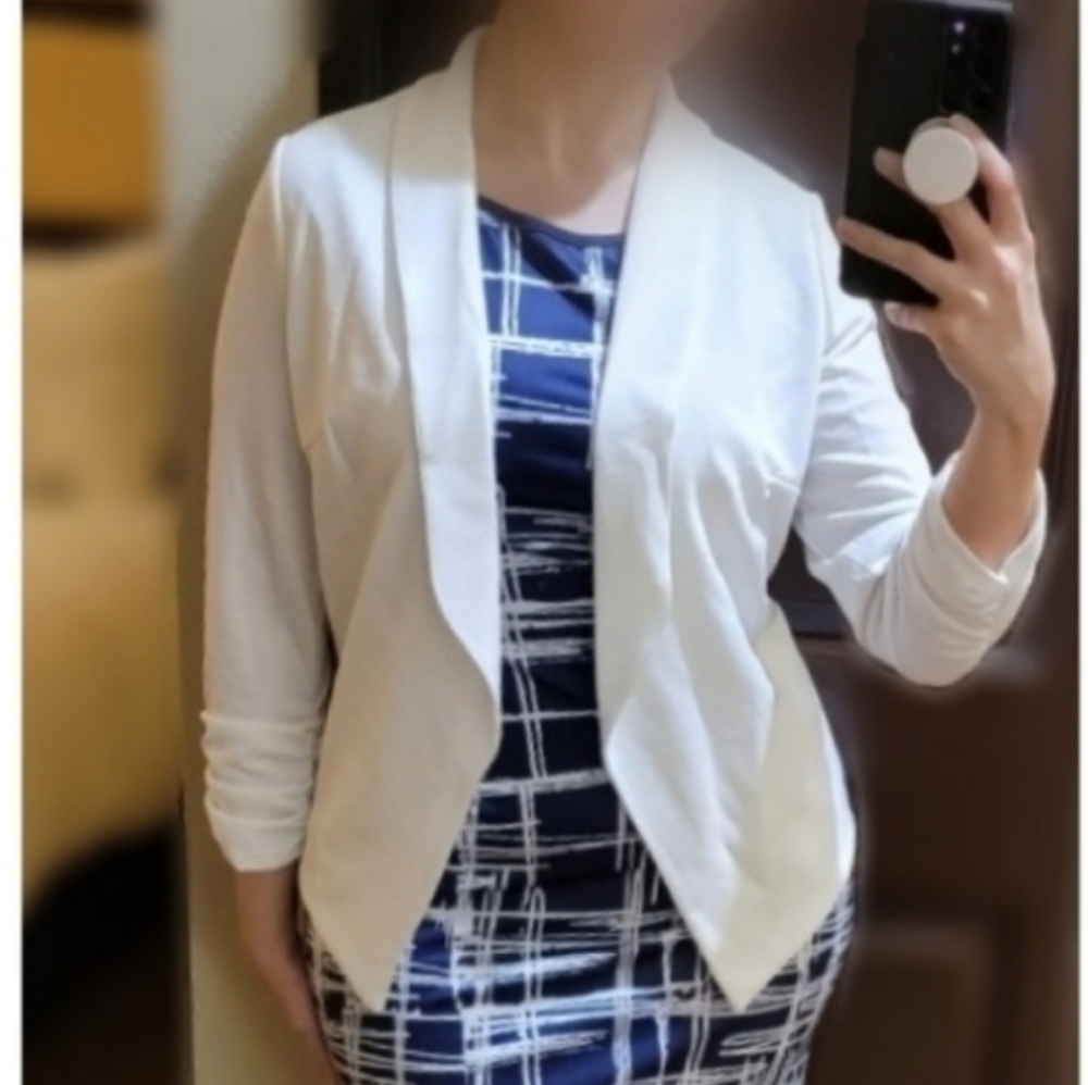 POGTMM 3/4 Sleeve Blazer Open Front Cardigan Jacket, White, Size Small